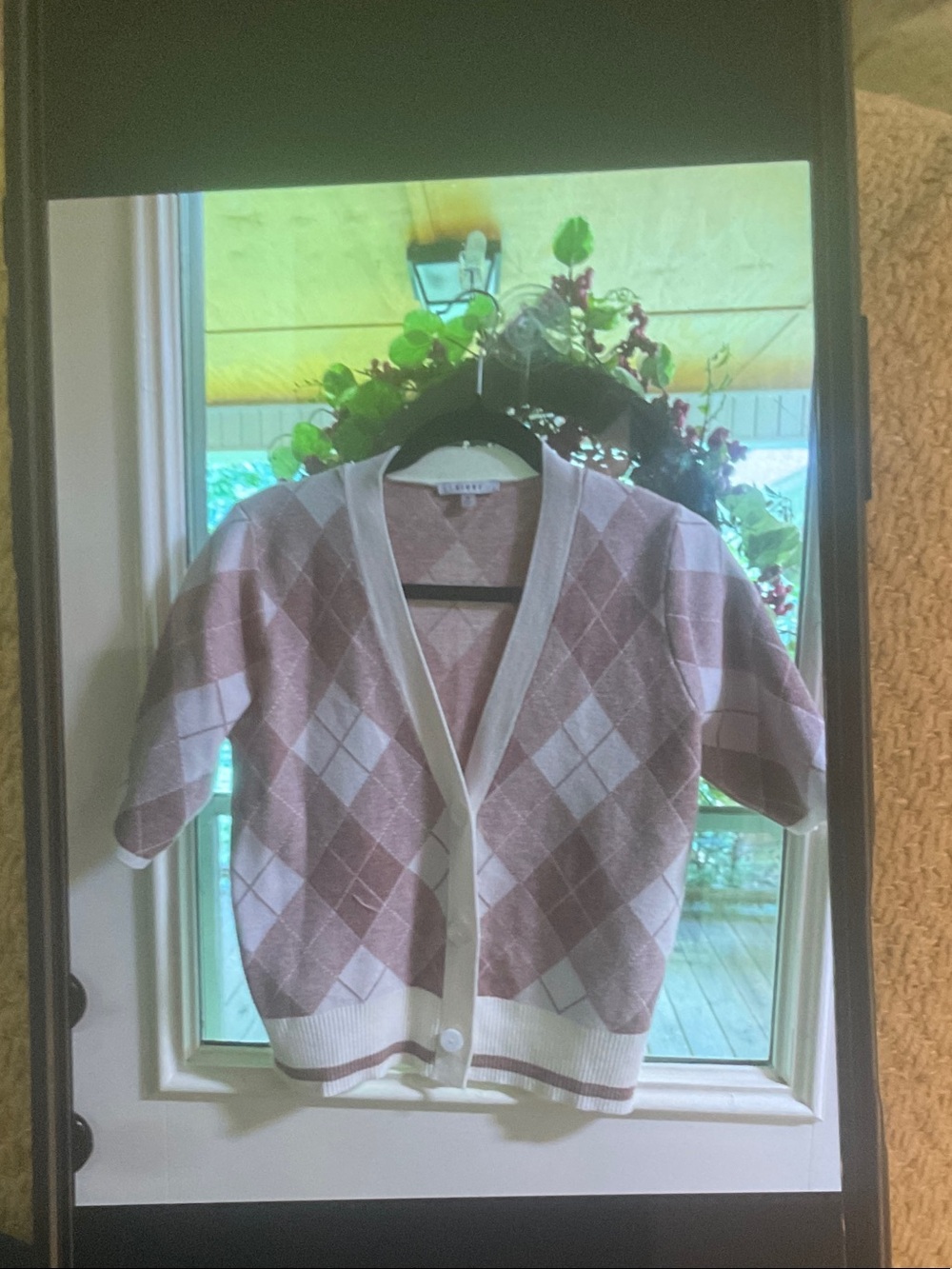 Sioni Pink and Cream Argyle Short-Sleeve Cardigan